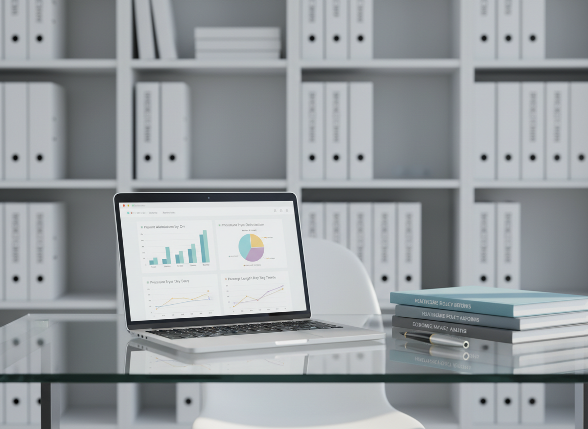 A minimalist glass desk in a bright modern office, holding an open silver laptop displaying a clean dashboard of healthcare utilization metrics with colorful but restrained charts and graphs. Next to it, a neat stack of printed policy reports with subtle blue and gray covers is aligned with a slim fountain pen. Soft daylight from a large unseen window washes over the surface, creating gentle reflections on the glass and laptop casing. The background is softly blurred shelving with neatly arranged binders labeled with neutral medical and economic keywords. Photographic realism, eye-level composition, and a shallow depth of field create a calm, professional, and analytical atmosphere suited to healthcare insights.